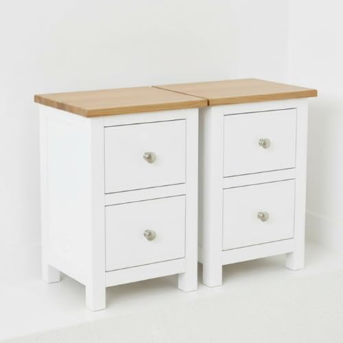 ALL WHITE Classic Bedside 100% Oak Top Pair – Slim Bedside,Living Room End Table or Sofa Side Table,Real Wood - Ready Assembled Bedroom Furniture