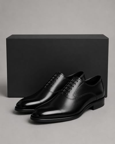 Image of Men's Premium Glossy Oxford Dress Shoes, Black, Lace-Up, Cushioned Comfort, TPR Sole, Classic Luxury Derby Style, for Wedding, Office, Business, Party