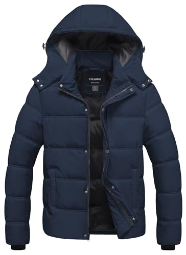 CTFASHION Men North face jacket Puffer ski Jacket for Men Winter Cotton Coats Windproof & Waterproof Fleece-Lined Parka with Detachable Hood and 4 Pockets Navy S