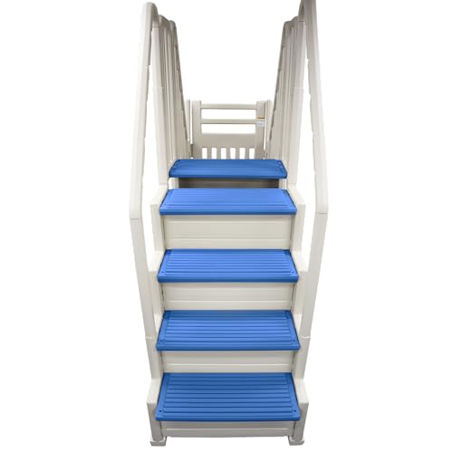 Confer Entry System for Above Ground Pools | White Frame with Blue Steps | All Resin Bridge System with Handrails and Gate