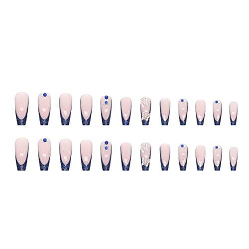 Yoyoee Long Coffin False Nails Blue Butterfly Press On Nails French Fake Nails Acrylic Ballerina Nails Tips For Women And Girls 24Pcs thumb #4