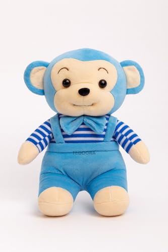 Image of Bow Monkey Soft Toy for Girls Boys Kids, Sky Blue, Animal Stuffed Baby Teddy Gift Birthday, 25 cm
