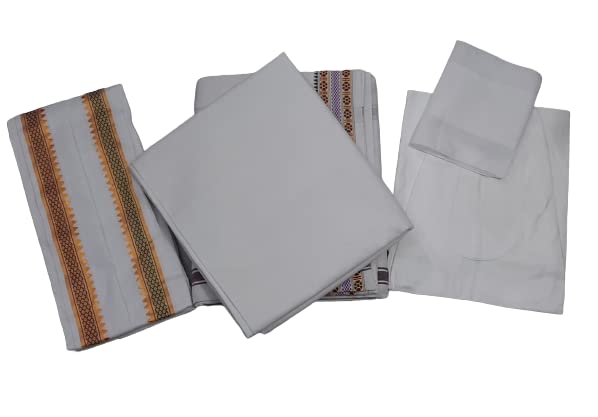 GUGGU Men's 5-Piece Pandit Dhoti Kurta Set, White color | Unstitched Kurta,Angocha,Vest,Hanky. (Best item for shradh or diwali) Best package for pandit ji.