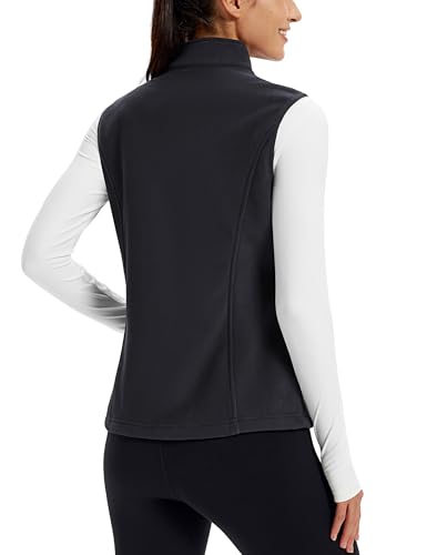TACVASEN Fleece Vest Damen Outdoor Ärmellos Jacke Warm Fleeceweste Standkragen mit Reißverschlusstaschen Sportweste Schwarz L