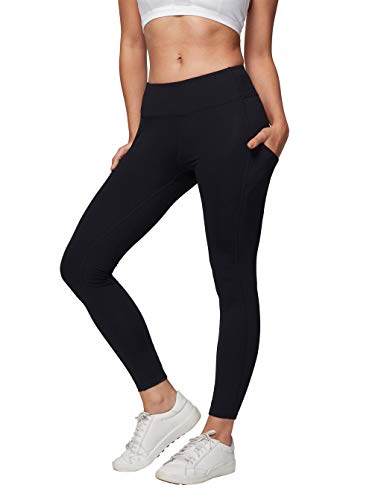 AJISAI Womens Workout Leggings Mid-Waist Yoga Pants Running Tights with Side Pockets Black Size L