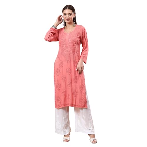 Image of POSHAK CHIKAN STUDIO Women's Hand Embroidered Lucknowi Chikankari Modal Straight Long Kurta, heer