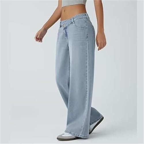 Asymmetrical Low-Rise Loose Jeans for Women, Wide Leg Baggy Straight Boyfriend Denim Pants Washed Casual Streetwear2