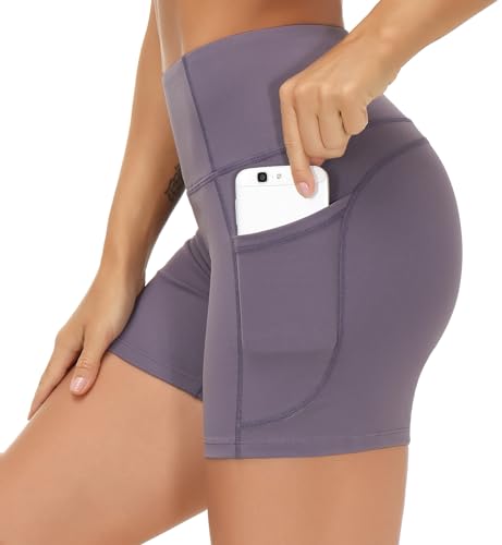 Image of THE GYM PEOPLE High Waist Yoga Shorts for Women's Tummy Control Fitness Athletic Workout Running Shorts with Deep Pockets