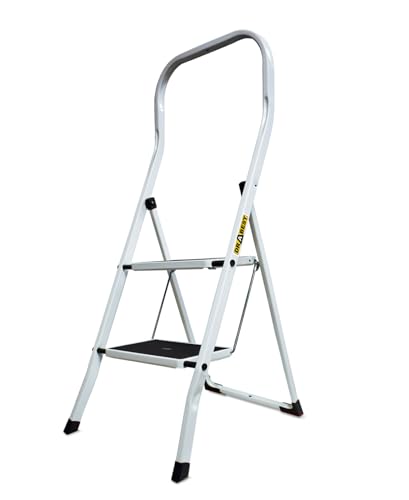 DRABEST Leiter Pro Stahl - Für Büro, Gastronomie, Langlebig und rutschfest - Vielseitig und langlebig - Tragkraft bis zu 150 kg - 2 Stufen - 0,47 x 1 x 0,55 m