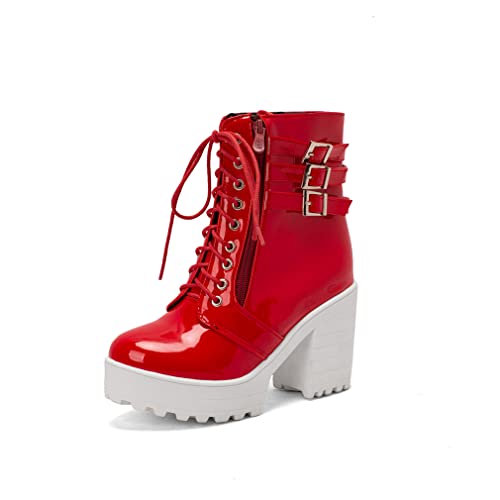 MFairy Botas de couro envernizado de salto grosso com plataforma de moda para mulher com fivela de tornozelo, sapatos botins, vermelho, UE 41
