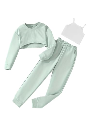 Hilinker Girls Long Sleeve 3 Piece Outfits Graphic Crop Tee and Cami Top with Pants Set