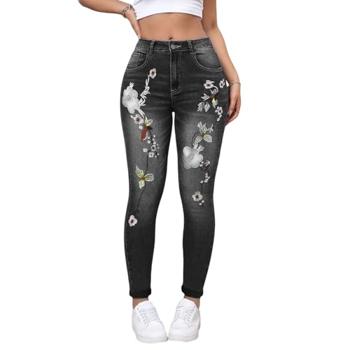 Women's Stretch Embroidery Washed Jeans Slim Fit Floral Skinny Small Foot Jeans Pocket Floral Skinny Jeans