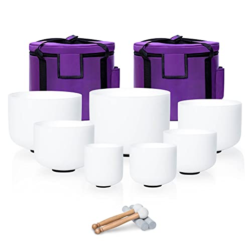 SOUNDELLO Crystal Singing Bowls Set of 7 White 432Hz with Carrying Case
