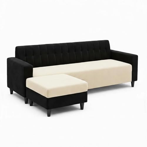 Image of FURNY Luxe 4 Seater L Shape Sofa Set with Movable Ottoman | Flexible Left or Right Layout | Plush Velvet Fabric (Black-Cream) | Perfect for Living Room, Guest Room & Office