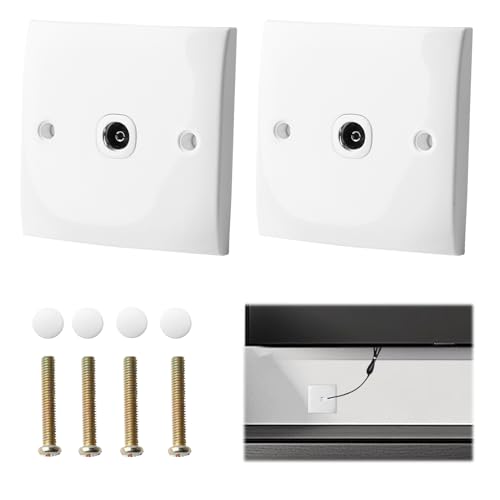 2pcs White Coax Wall Faceplate, 50/60hz TV Aerial Socket Wallplate TV 2500w Durable Use Coax TV Aerial Wall Plate Compatible with Fm Radio Connections Various Wall Plates and Antenna Systems
