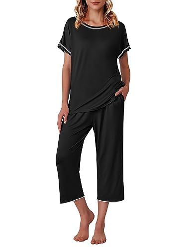 Image of Ekouaer 2 Pack Womens Pajamas Sets Short Sleeve Tops and Capri Pants Pjs Colorful Printed Sleepwear Sets