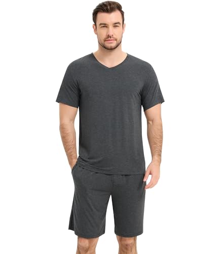 Image of NACHILA Men's Pajamas-Viscose Made from Bamboo, Short Sleeve Top with Shorts Pjs Set V Neck Sleepwear Cool Loungewear