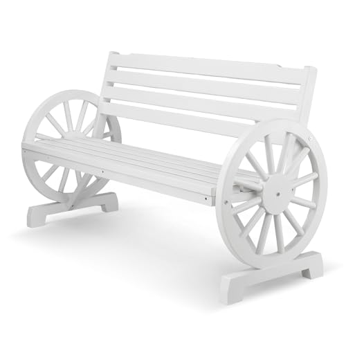 Image of VINGLI Rustic Wooden Wheel Bench Outdoor Bench, Patio Bench Wagon Slatted Seat, Garden Benches for Outdoors 350lbs High Capacity, Weather Resistance (White, 55in)