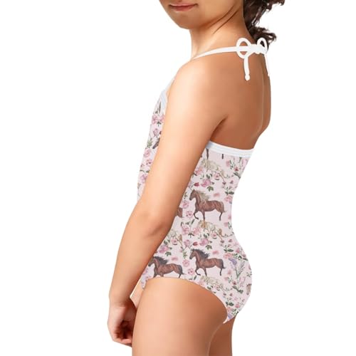 Image of KiuLoam Orange Pink Tropical Leaf Girls One Piece Swimsuit Quick Dry Beach Swim Bathing Suit for 3-8 Years Little Girls