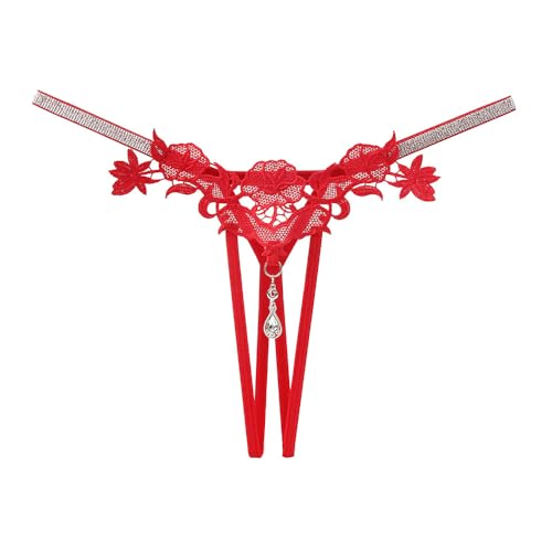 Image of Bommi Fairy Womens Sexy Hollow Pattern Thong Rhinestone Lace Panties Underwear Sexy Rose Succubus Thong Size for S-L (Red)