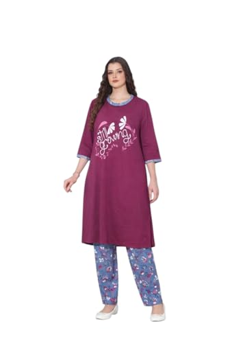 Image of MALAQ Women's Cotton Night Suit Set - Soft Hosiery Sleepwear with 3 /4th Sleeve Printed Long Top & Pajama | Round Neck Nightwear for Ladies