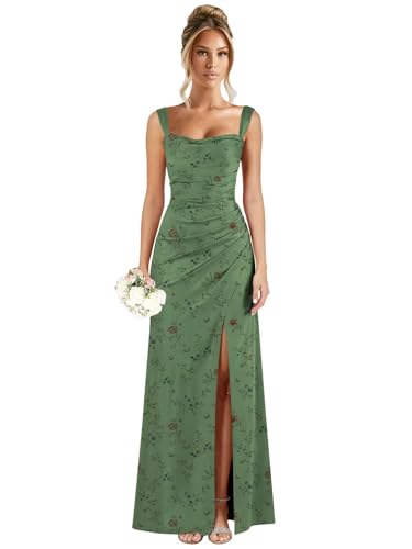 TORYEMY Square Neck Satin Bridesmaid Dresses for Women Long Spaghetti Straps Pleated Formal Wedding Guest Dress