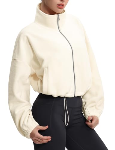 THE GYM PEOPLE Women's Fleece Cropped Jacket Full Zip Stand Collar