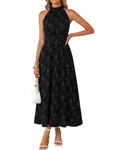Image of Simplee Womens Summer Halter Maxi Dress Boho Floral Wedding Guest Dress Flowy Sleeveless Long Sundresses with Pockets