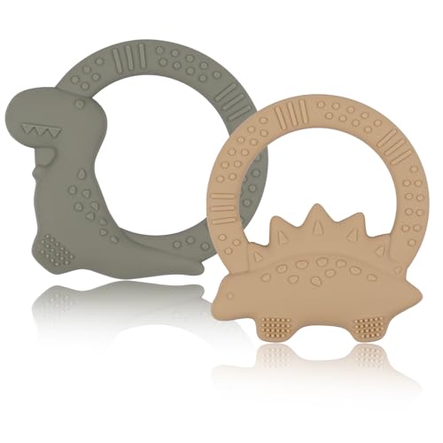 Image of 2 Packs Baby Teether Silicone Teething Toys for Babies 0-6 Months with Dinosaur Shape 6 to 12 Months Infant Newborn Essentials Must Haves for Teething Relief Chew,Ideal Baby Shower Gifts for Moms B1