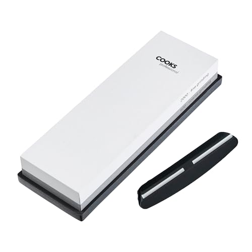 Cooks Professional Whetstone Knife Sharpener with Non-Slip Stand & Angle Guide | Dual Design with Coarse (600) and Fine (2000) Grit Levels | Kitchen Sharpening Tool for Knives & Scissors