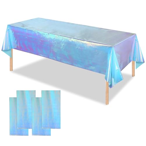 OQOQ Iridescent Table Cloths (4 Packs?Blue) - 54x108 Inches Blue Party Tablecloth Rectangular Disposable Plastic Table Cover for Birthday Bachelorette Ocean Mermaid Party