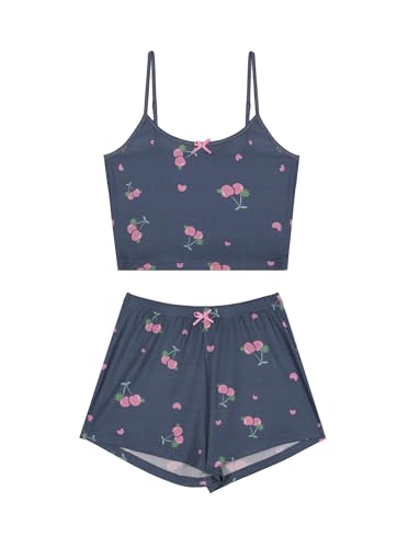 Image of Hilinker Womens Graphic 2 Piece Pajama Set Summer Cute Crop Cami and Shorts Ribbed Lounge Sets