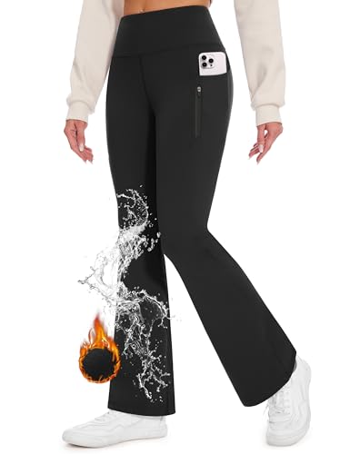 Desol Thermo Flared Leggings Bootcut Gefütterte Yoga Hose Schlaghose Damen Wasserfeste Thermo Leggings Damen mit Reißverschlusstaschen Ausgestellte Leggings