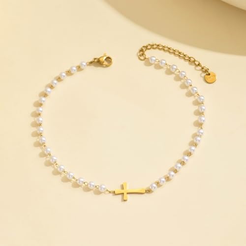 Image of 18K Gold Plated Boho Beaded Anklets for Women Dainty Gold Layered Round Ball Ankle Bracelet Pearl Cross Anklet Bracelet Waterproof Gold Jewelry