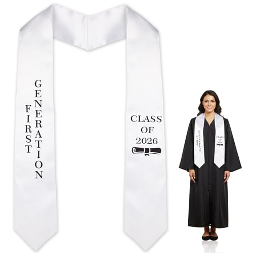 Sociaooil First Generation Graduation Stole 72 White Class of 2026 Satin First Graduation Sash Fits All Body Types Unisex Grad Stole for High Grad School College Graduates