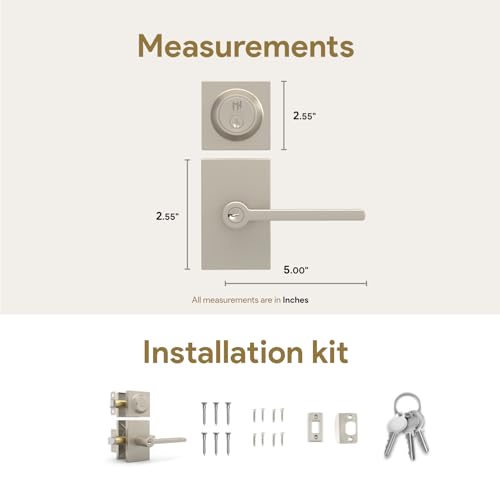 Image of Mega Handles, Glamor Entry Combo, Entry Door Handle and Single Cylinder Deadbolt Lock and Key Combo Pack, Heavy Duty Locking Door Levers for Left or Right-Handed Doors - Satin Nickel