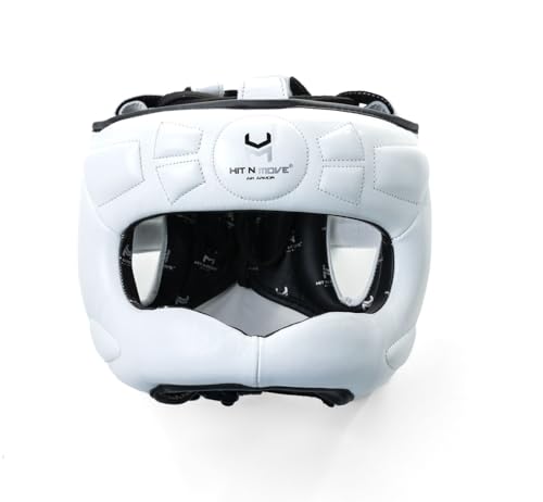 HIT N MOVE® Air Armor Face Saver Boxing Headgear for Men and Women, Lightweight Protective Gear for MMA, Kickboxing, Martial Arts, Training & Sparring and Combat (While/Silver/Black, L/XL 22.5 in +)