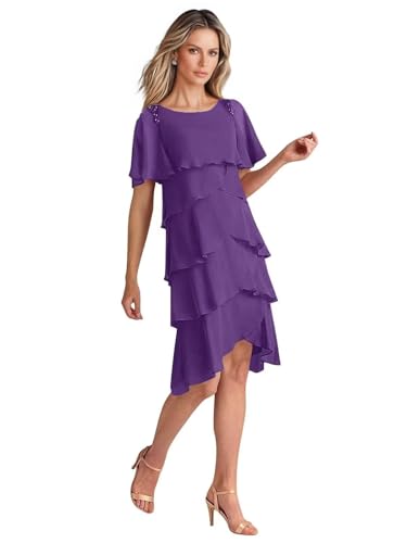 Tea Length Mother of The Bride Dresses for Wedding Chiffon Tiered Formal Evening Dresses with Sleeves