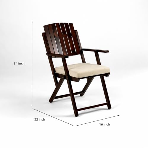 Image of WELL KNOWN Set of 2 Wooden Folding Chairs with Cushion Seat & Armrests | Walnut Finish Solid Wood Patio, Balcony & Garden Chairs | Space Saving Indoor Outdoor Furniture (Cream Cushion)