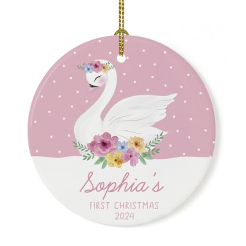 Andaz Press Personalized Name Round Ceramic Porcelain Christmas Ornament New Girl Baby Keepsake Collectible Gift, Sophia's 1st Christmas, 2024, Floral Flowers Swan Pink, 1-Pack