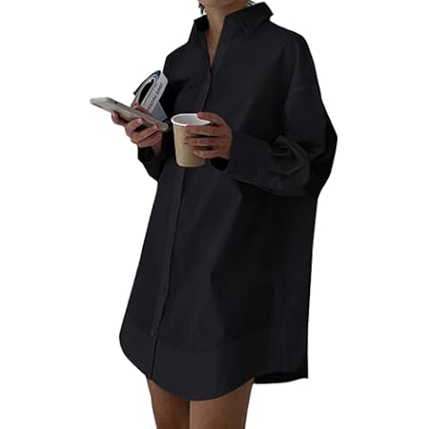 LYANER Women's Casual Shirt Dress Collar V Neck Button Down Loose Long Sleeve Mini Dresses Solid Black Large Cover