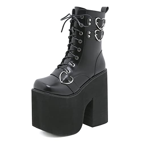 Women's black high heel goth chunky platform boots, gothic cosplay kawaii round toe combat boots, punk platform shoes