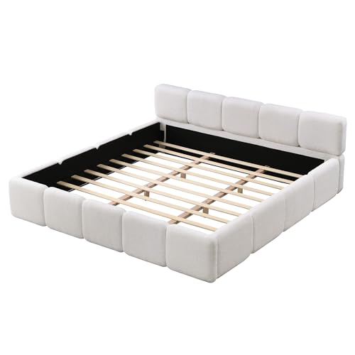 Image of Harper & Bright Designs Boucle Platform Bed with Thick Headboard, King Size Platform Bed Frame with Wood Sturdy Slats Support for Guest Room Bedroom, Space Saving, White