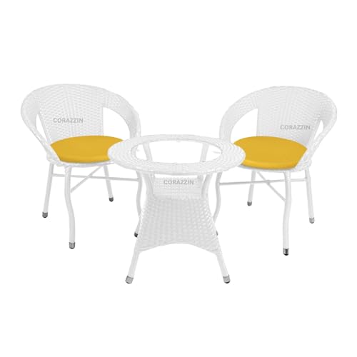 Image of Rattan Wicker Garden Patio Seating Chair and Table Set for Outdoor Balcony Garden Coffee Table Set Furniture with 1 Table and 2 Chair with Yellow Cushion (White)