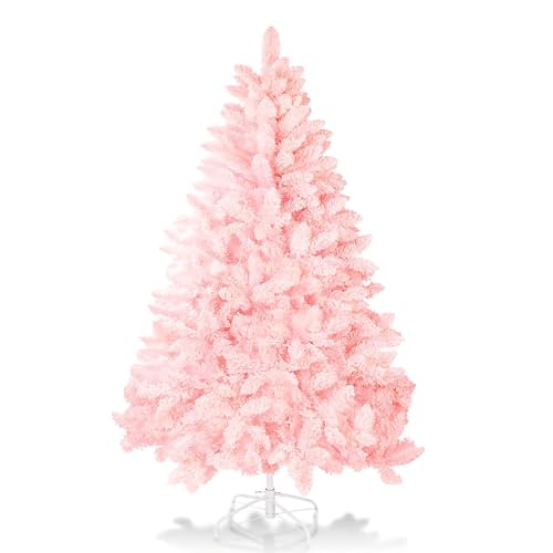 Oakmont 6 FT Artificial Christmas Snow Tree, Hinged Xmas Full Tree for Holiday Decoration, w/Metal Stand, Premium PVC 1,000 Branch Tips(Pink)…