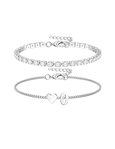 Image of Chriscoco Silver Initial Bracelets for Women Girls Stainless Steel Heart Bracelet Adjustable Silver Tennis Bracelet Personalised Layered Letter Ladies Bracelets Letter O