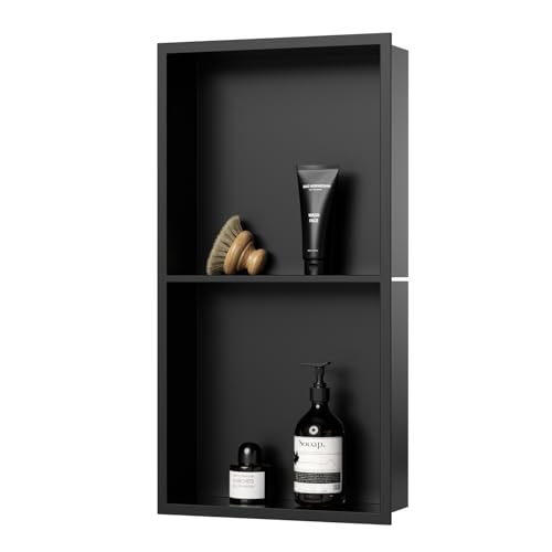KINKIBOS Wall Niche 304 Stainless Steel Antrahzit No Tiles Required Embedded Shower Niche 60 x 30 x 10 cm Shower Niche Dual-Shelf Storage Matt Black