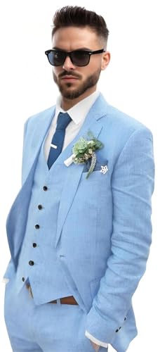 Linen Suits for Men Slim Business Leisure 3 Pieces Wedding Tuxedo Grooms Blazer Vest Pants One Button Single Breasted Suits4