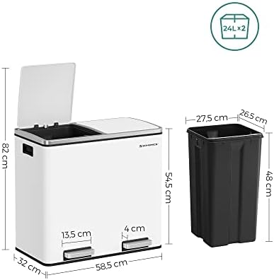 SONGMICS Recycling Bin, Double Trash Can, 24L, with 2 Compartments, Soft-Close Lids, Pedals and Plastic Inner Buckets, 58,5 x 32 x 54,5 cm (L x B x H), White