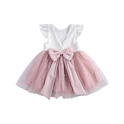 KILUS Toddler Summer Princess Dress, Baby Girls Flower Print Fly Sleeve Round Neck Mesh Patchwork One-Piece,1-6 Years Old (B-Pink, 2-3 Years) Cover